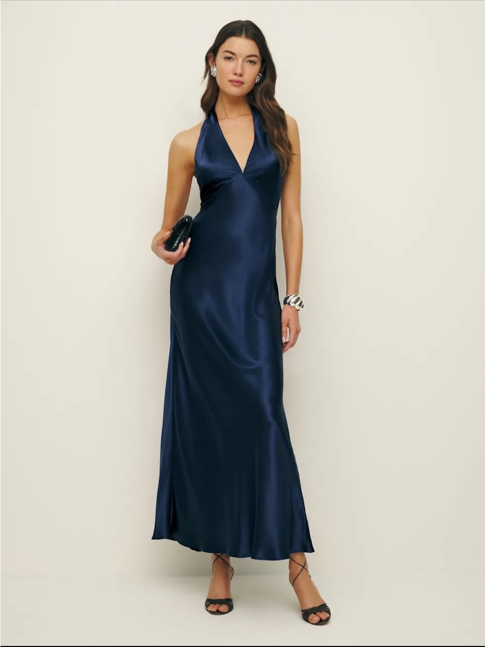 NWT Reformation Daniela Silk Maxi Dress Size 0 Navy Halter Open Back
